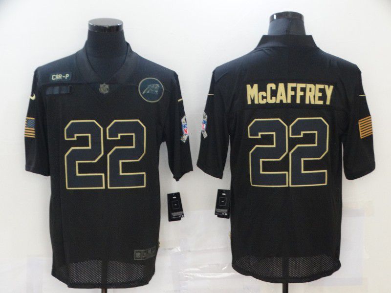Men Carolina Panthers #22 Mccaffrey Black gold lettering 2020 Nike NFL Jersey